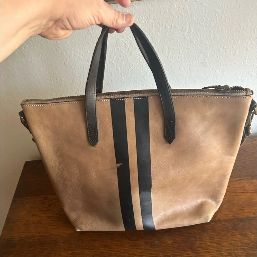 Madewell Black Stripe Brown Leather Medium Tote Crossbody Purse Preppy Old Money - Picture 6 of 11